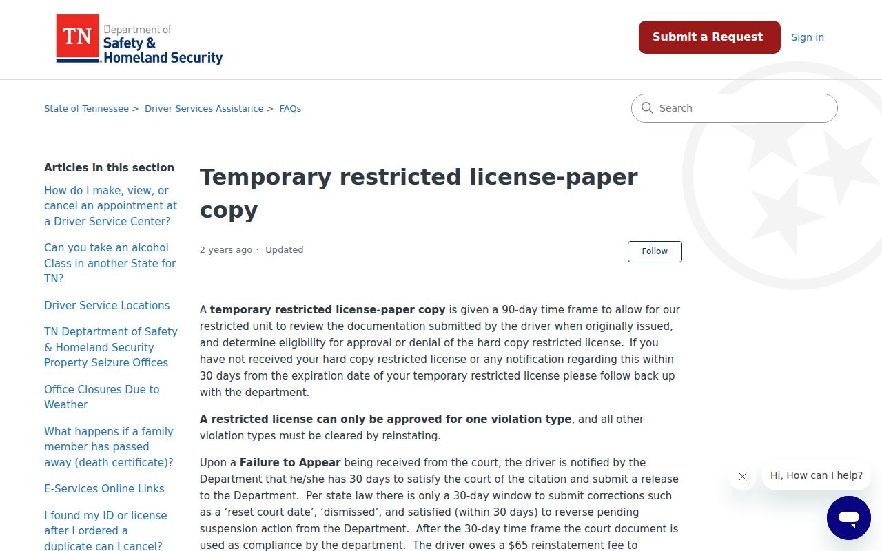 Tennessee FTA guidance related to a Smith County traffic court record